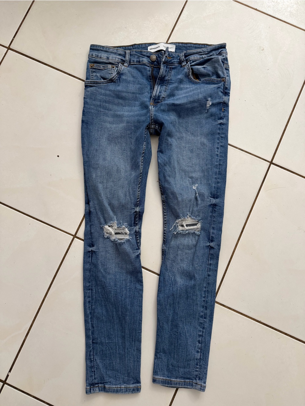 Bershka Medium Blue Distressed Skinny Jeans